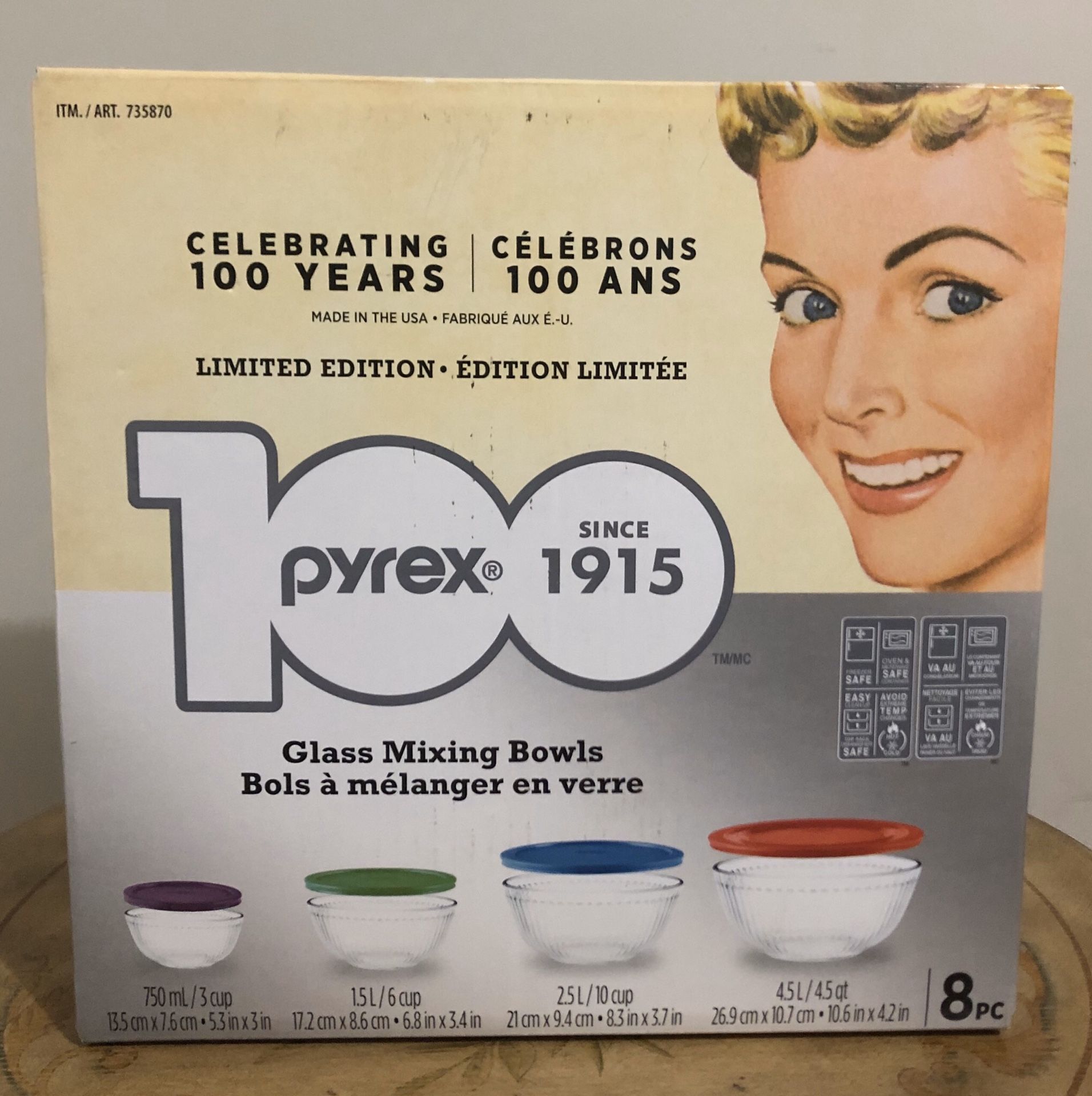 Pyrex Limited Edition Glass Mixing Bowls with Lids, 8-Pieces Set NEW in Box