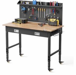 48 x 24 Inch Workbench with Drawer, Back Panel & LED Light Strip, 6-Level Adjustable Height, 2000 lb Capacity, Rubberwood Top, ETL Outlets, Swivel Cas