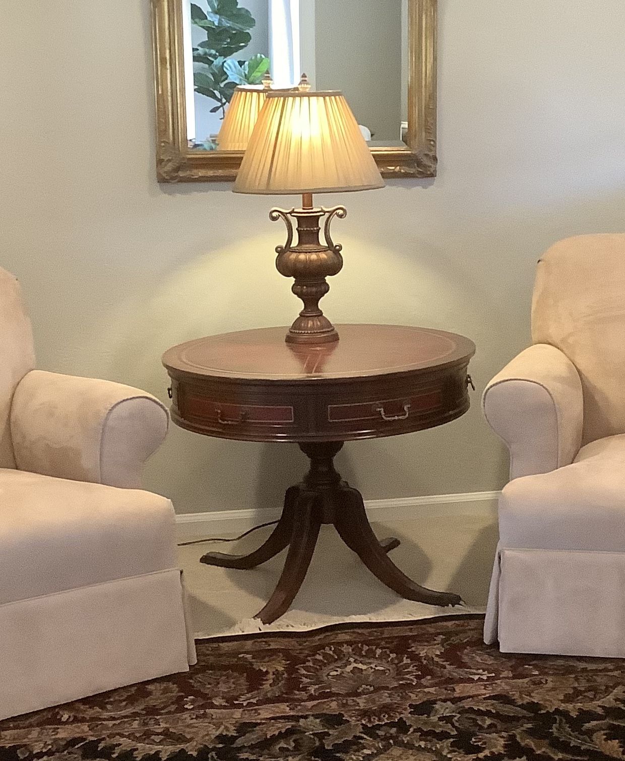 Antique Mahogany Drum Table With Leather Top