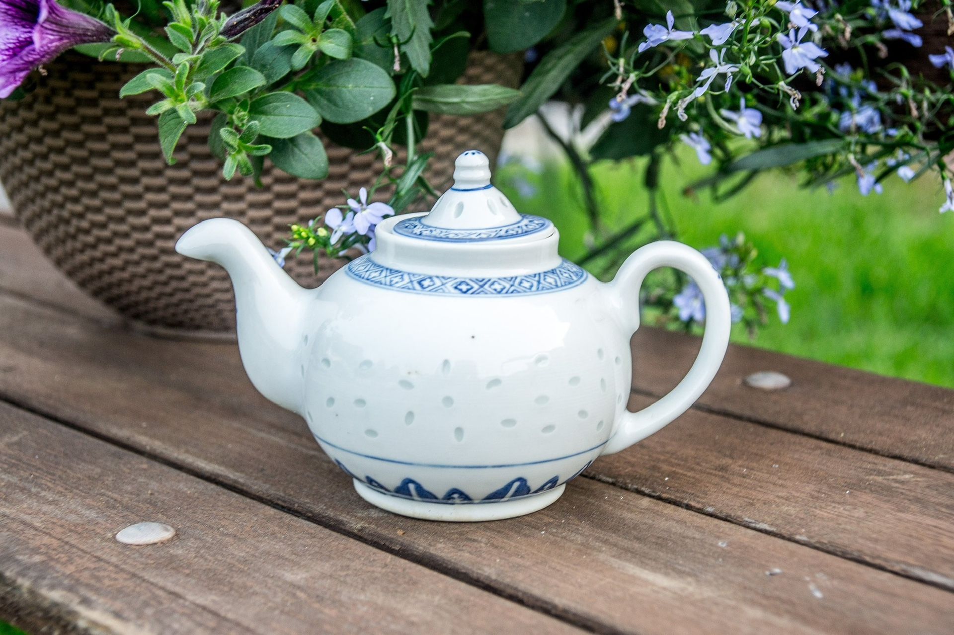 Vintage Chinese Teapot with Rice Pattern, Blue and White Tea Kettle, 1960s Teapot, Free Giftwrap