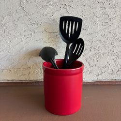 One New Red Ceramic Kitchen Utensil Holder