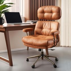 ovios Ergonomic Home Office Chair, Mid-Century Modern Faux Leather Chairs with Thickened Cushions, Comfy High Back Swivel Rolling Executive Computer A