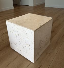 Pair of White Stone / Travertine-Style Cube Tables — Heavy