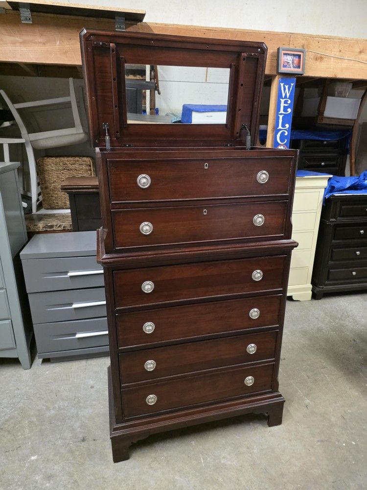Large Mahogany Color 5 Drawer Tallboy Dresser with Lift Top Mirror