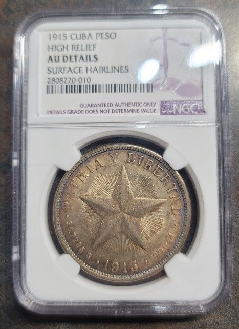 1915 Cuba High Relied Peso NGC AU Details - Beautifully Toned