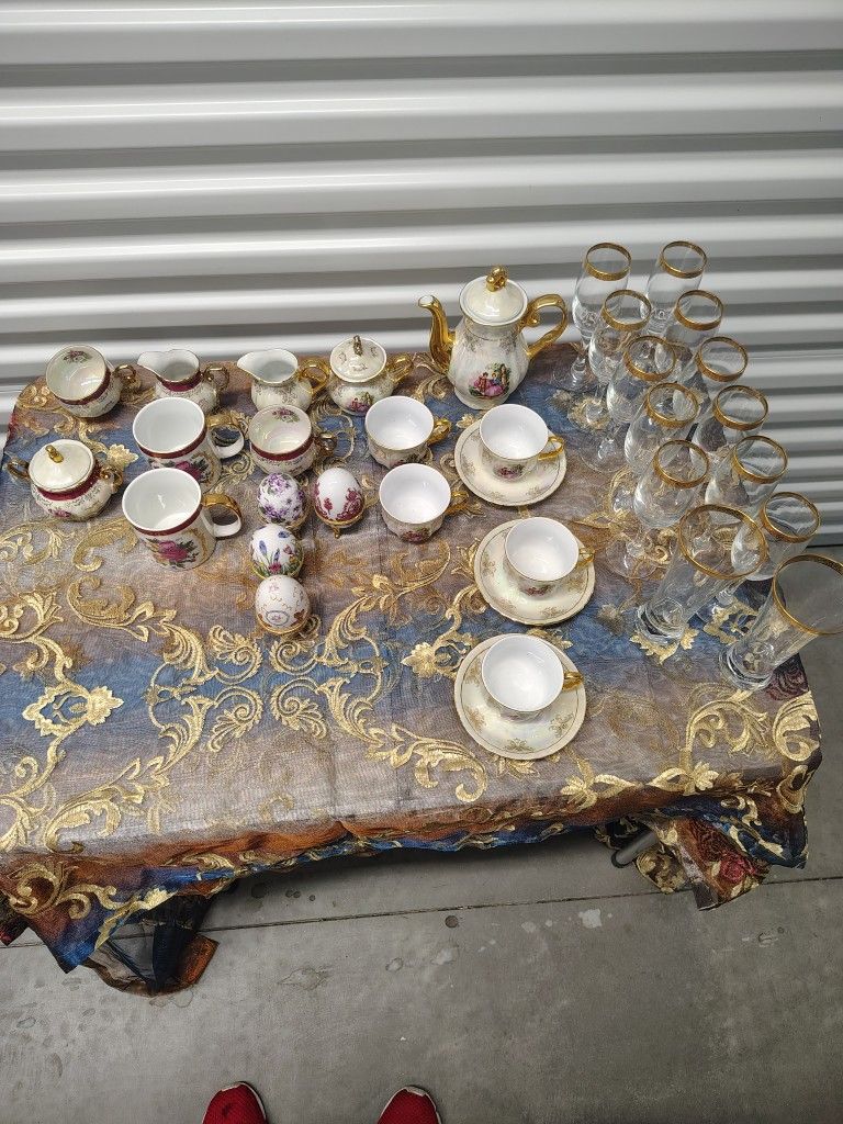 Yusui 24kt gold porcelain &Vintage Pasabahce Circle Pilsner Glass 24k Gold Rim Beer Water Set 4 Turk