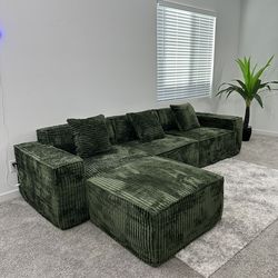 New Green Modular Corduroy Cloud Sectional Sofa Couch