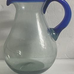 Large Hand Blown Pitcher Cobalt Blue Rim & Handle 11”Tall 