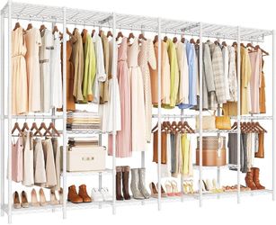C434 $110 F6 Freestanding Large Industrial Pipe Metal Clothing Rack Closet Organizer Storage System with Adjustable Shelves and Hanging Rods, Heavy D