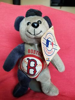 Vintage Boston Red Sox Bear with metal stand.