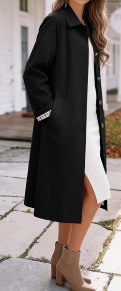 Black Long Button-Front Trench Coat