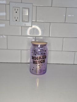 Halloween Wicked Witch Glass Can Cup 16oz Reusable Tumbler W/Bamboo Lid No Straw