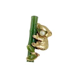 1950s Koala Bear Dainty Brooch Pin, Nephrite Jade, Genuine Pearl, Gold Plated, Mid Century Animal Jewelry, Metaphysical Gemstone 