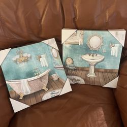 Two Canvas Paintings — Teal and Gold Bathroom