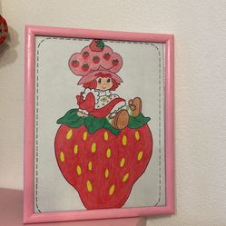Vintage 1980s Strawberry Shortcake Coloring Book Print Pink Wood Picture Frame. 8x10 USED! Read Description!