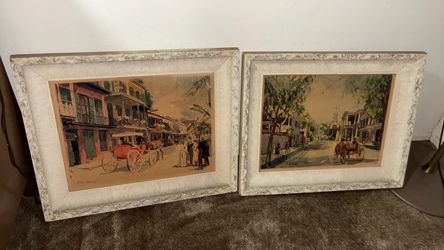 Vintage framed C. C. Beal lithographs French Quarter New Orleans and Charleston, South Carolina