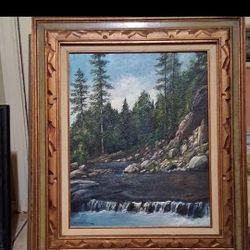M.Caldwell Framed Realism Oil Painting Landscape River Forest Waterfall Art