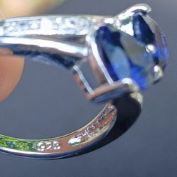 925 Sterling Silver Vintage Two Hearts Simulated Sapphire Diamond Ring Size 9
