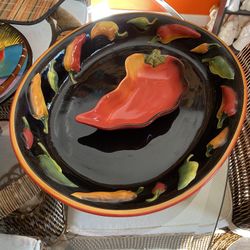 "La Mesa" Chili Peppers Oval Serving Platter~Clay Art~Hand Painted~17x14”. Plus 8” chili pepper bowl
