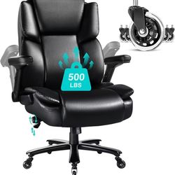 500lbs Big and Tall Office Chair- Flip Arms Adjustable Built-in Lumbar Support,Heavy Duty Executive Desk Chair for Heavy People, Thick Padded Metal Ba