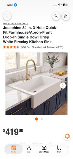 Josephine 34 in. 3-Hole Quick-Fit Farmhouse/Apron-Front Drop-In Single Bowl Crisp White Fireclay Kitchen Sink