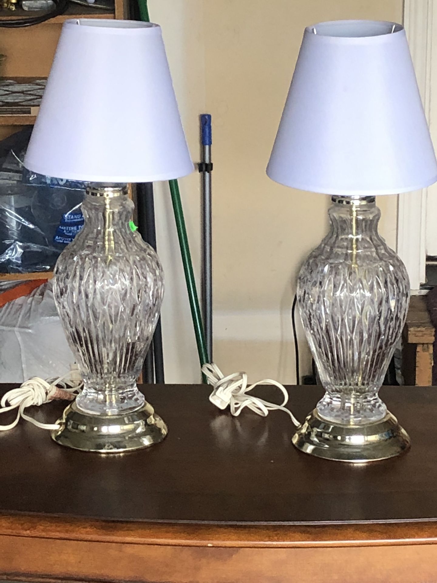 Pair of vintage crystal base table lamps.