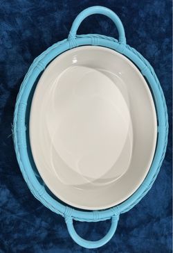 Oval Ceramic Dish in Blue Wicker Basket