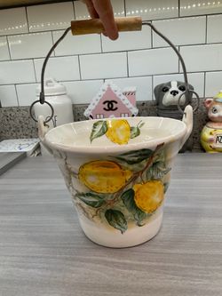 MAXCERA LEMONS COLLECTION CERAMIC PAIL BUCKET WITH WOOD HANDLE