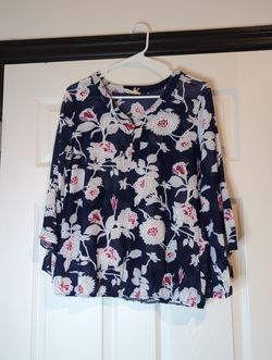 Large sheer navy blue floral bell sleeve top