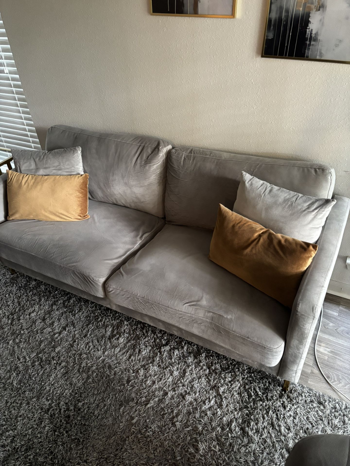 Sofa with Pillows, Gray Velvet