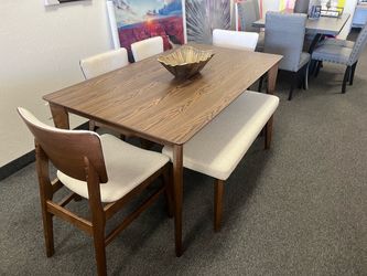 Mid-Century Modern Dining Table Set with Bench