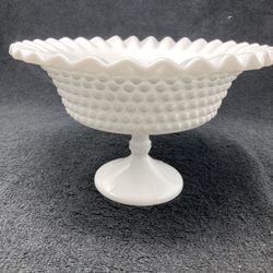Fenton Milk Glass Hobnail Ruffled Edge Footed Bowl