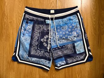 Blue and white bandana print shorts with drawstring