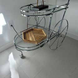 Mid-Century Modern Large Wheel Design Chrome and Glass Tea Bar Metal Glass Cart Vintage Antique NYC 1970's