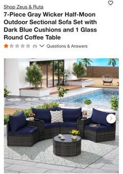 7-Piece Gray Wicker Half-Moon Outdoor Sectional Sofa Set with Dark Blue Cushions and 1 Glass Round Coffee Table