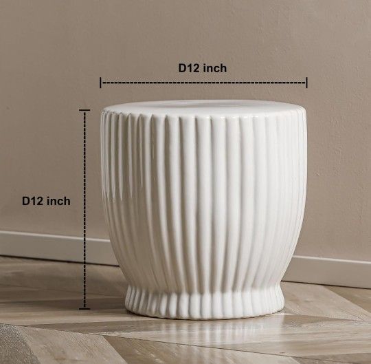 New | Ceramic Stool Garden Decorative: White Ceramic Stool Striped Drum Shape for Indoor Outdoor Decor - Ceramic Tabouret for Living Room Patio