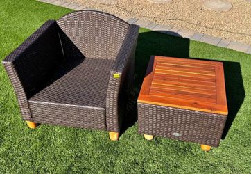 Rattan Patio Armchair and Side Table with Storage Wicker Chair and Table