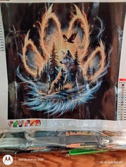 Wolves & Eagle Wilderness scene paw print diamond painting complete kit