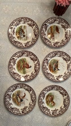 Spode Woodland set of 6 different bird dinner plates