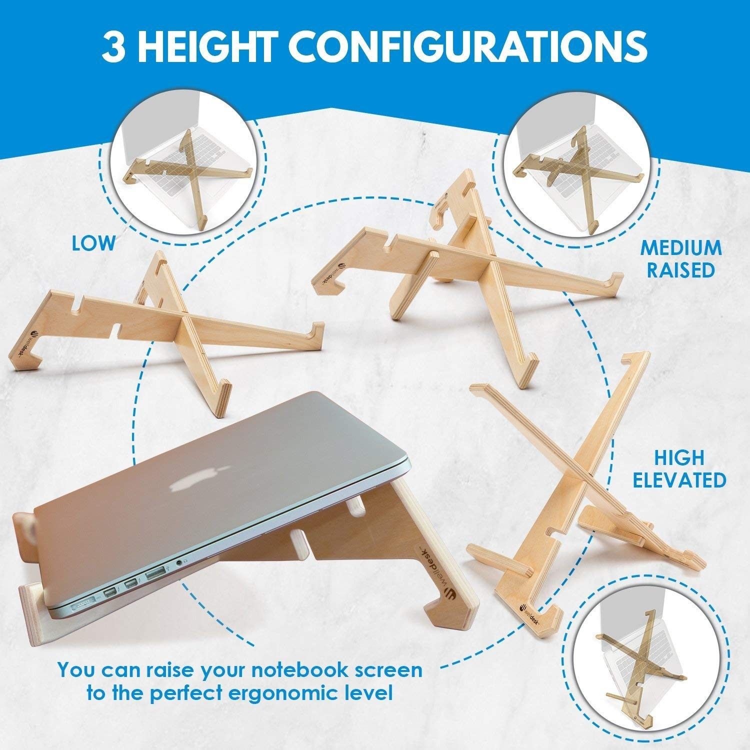 Xenstand Adjustable Laptop Stand for Desk - 3 Height Options on Table - Portable - Ventilated All Wood Design - Improve Posture- Made in USA