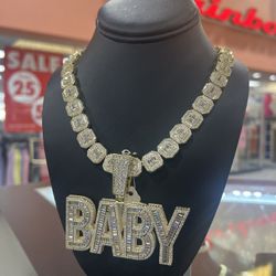 Large Baby Pendant with Baguette Stone Clustered Tennis available in Gold and Silver