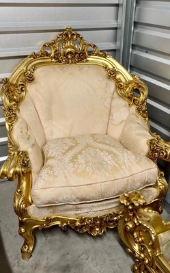 Vintage Louis XV Style Gilded Bergère Armchair - Cream Damask French Rococo