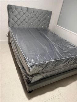 New QUEEN Size Bed Frame gray bed with mattress and box spring set FREE DELIVERY