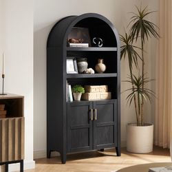 5001-BLK  Lauren 65.4" Short Arched Cabinet, 5-Tier Arched Bookcase with Doors and Shelves, Mini Arched Bookshelf with Storage, Kitchen Pantry Cabinet