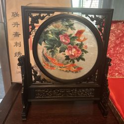 Chinese Silk Floral Embroidery Double Sided Hand Carved Cherry Rotating Frame