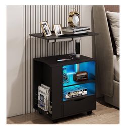 dnbss LED Nightstand with Charging Station, Modern Bedside Table with Wheels, Black Night Stand, End Side Table with 360° Laptop Tray, Storage Shelf, 
