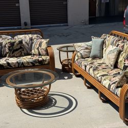 Mid century modern 4 strand rattan,pretzel shapecouch and love seat with coffee table and end table 