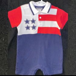 New Baby Boys Size 6-9 Months Stars & Stripes Patriotic Collared Romper