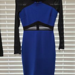 Mini Blue Short Dress Mesh Long Sleeve Size M