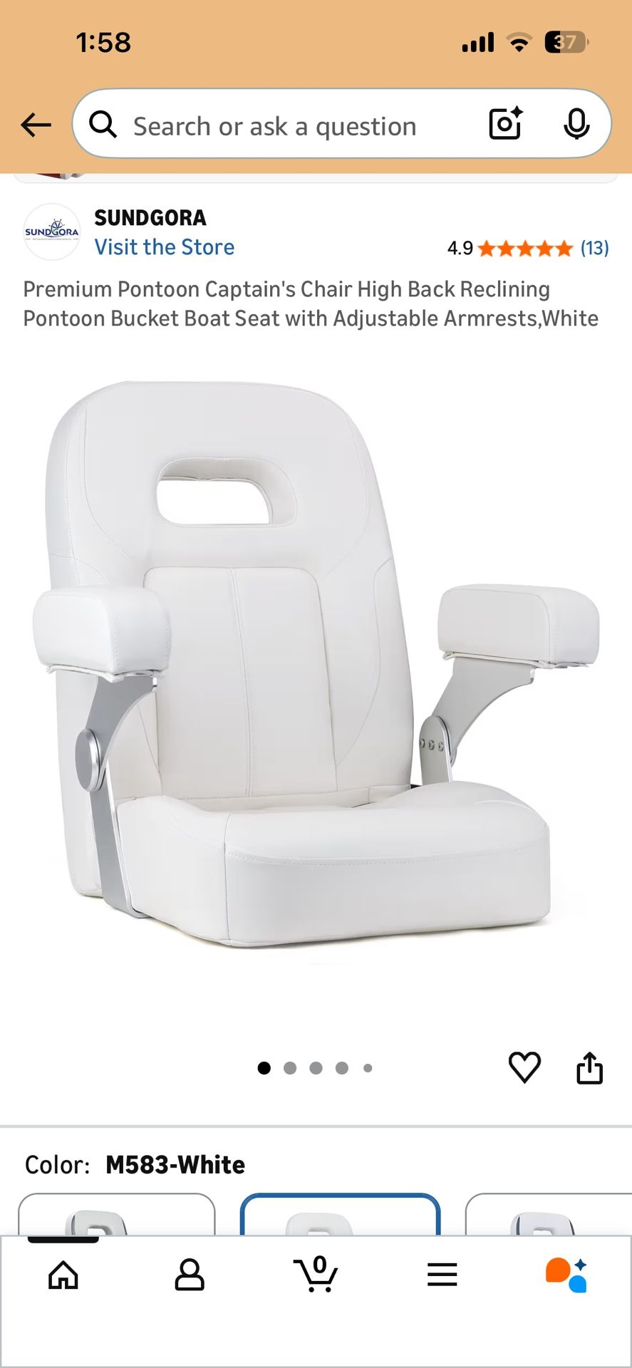 NEW - NORTHCAPTAIN Premium Reclining Pontoon High Back Captain's Chair Boat Bucket Seat with Armrest,White